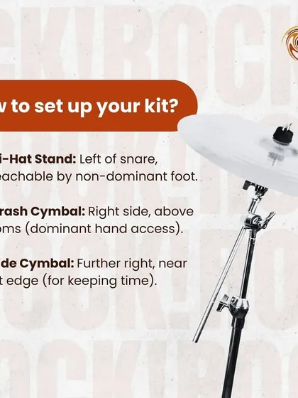 Learn the correct placement for your hi-hat, crash cymbal, and ride cymbal to complete your drum kit setup.
