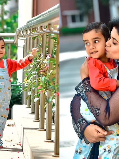 A diptych capturing a candid outdoor moment and a loving kiss from mom, showing the versatility of an outdoor shoot.