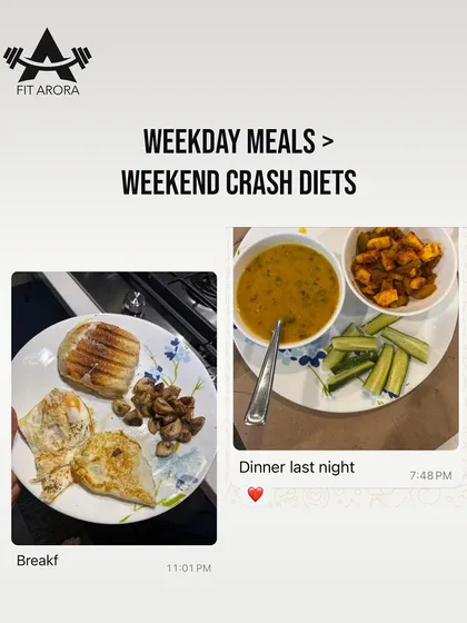 Consistent weekday meals are more powerful than weekend crash diets. This image shows examples of balanced, client-approved meals that lead to sustainable progress.