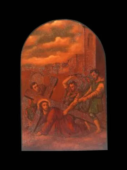 This painting from the set shows Jesus falling under the weight of the cross. The collection as a whole is a powerful and historic documentation of the Via Dolorosa, the path in the Old City of Jerusalem.