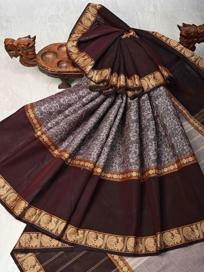 A duplicate of image 80, a lovely maroon and grey printed cotton saree.