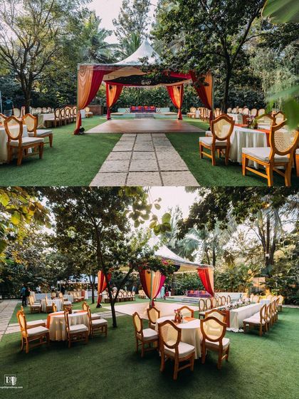 The perfect setting for a pre-wedding cocktail party or sangeet night. The lawn provides ample space for a dance floor, while the surrounding trees, lit with elegant chandeliers and string lights, create a festive and celebratory atmosphere.