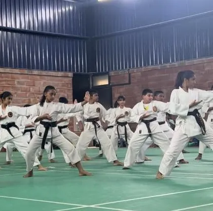I lead a large group of students in a synchronized training session. This image reflects the discipline, scale, and hands-on coaching approach that defines our karate classes.