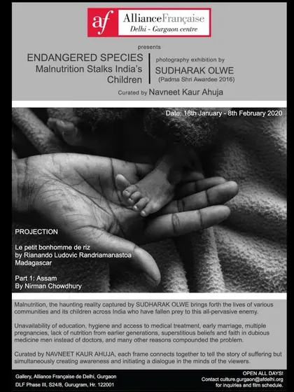 We believe art can drive conversation and change. This poster features a powerful image from our exhibition "Endangered Species" by Padma Shri awardee Sudharak Olwe, which explored the critical issue of child malnutrition in India.