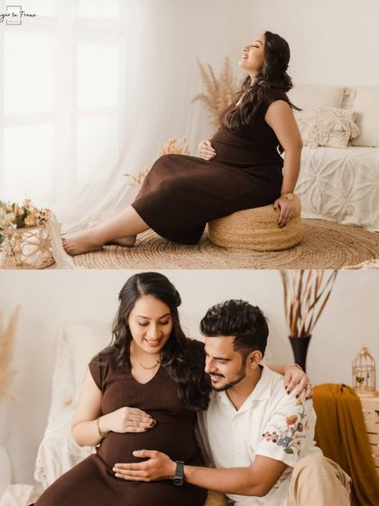 A collage showcasing different poses from a boho maternity shoot. It highlights a solo portrait of the radiant mom-to-be and a sweet moment with her partner.