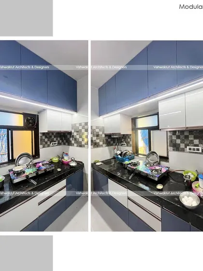 A collage of a completed modular kitchen, showing the blue and white acrylic cabinets and the granite countertop. This gives a comprehensive look at the finished space.