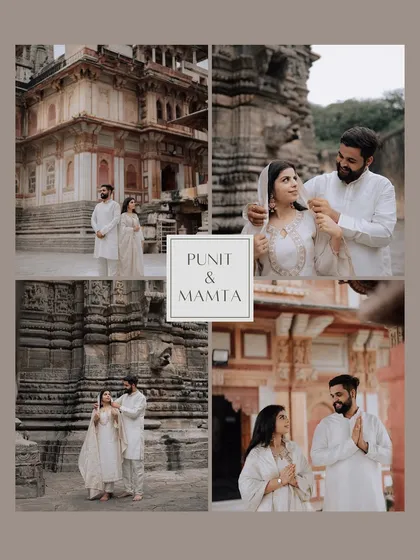 A lovely summary collage of Punit and Mamta's temple pre-wedding shoot, combining wide shots and close-ups to tell the story of their visit.