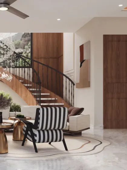 This angle highlights a bold, black-and-white striped armchair, demonstrating how I visualize accent furniture to create focal points within a neutral space.