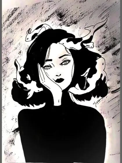 A black and white portrait of a woman with her thoughts swimming around her like fish. This surreal illustration is a visual representation of an overactive mind and deep emotions.