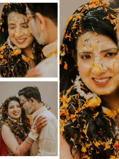 A collage of a couple's haldi, showing close-ups of their happy, paste-covered faces and them sharing a tender moment.