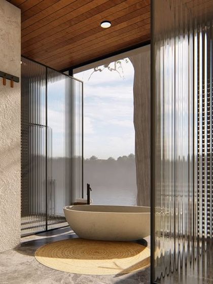 Another view of the conceptual bathroom for the Atlanta project, highlighting the play of light through different types of glass and the connection to the outdoors.