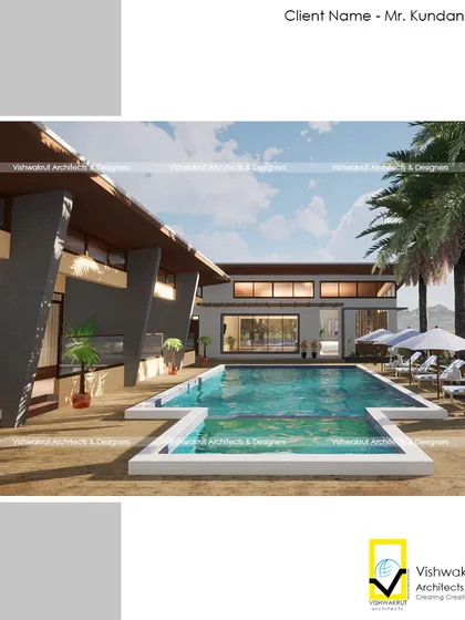 This render shows an alternate pool design I explored for the project. The T-shape layout creates distinct zones for swimming and lounging.