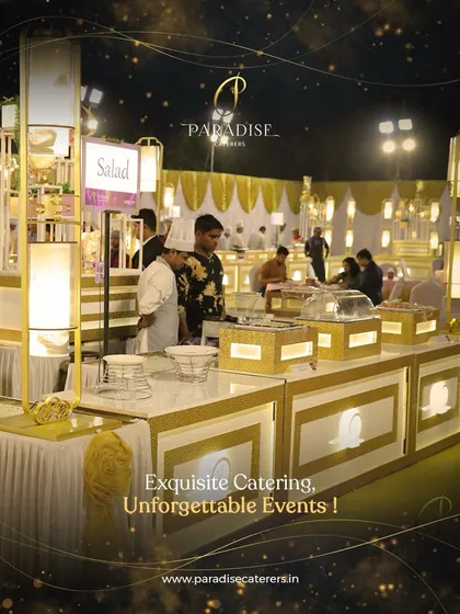 Exquisite catering for unforgettable events. Our golden-themed buffet counters with modern lighting create a luxurious and inviting atmosphere for guests.