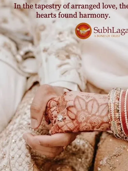 A close-up of a couple holding hands, the bride's mehndi and bangles on full display. In the tapestry of arranged love, we help hearts find their harmony.