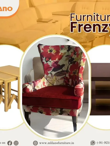 Our "Furniture Frenzy" collection includes a variety of pieces like this floral wingback chair and nested tables. We offer items to complete any living room setup.