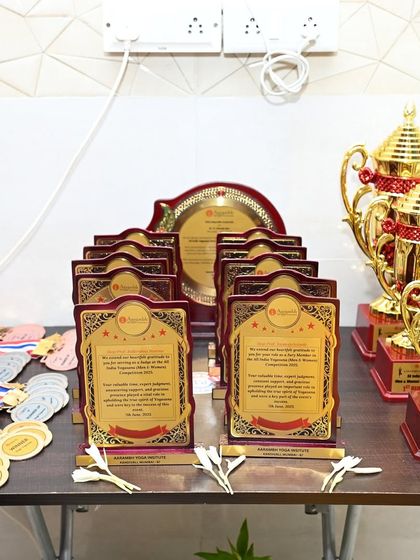 The trophies and plaques ready to be awarded to the winners of the competition, recognizing their hard work and excellence.