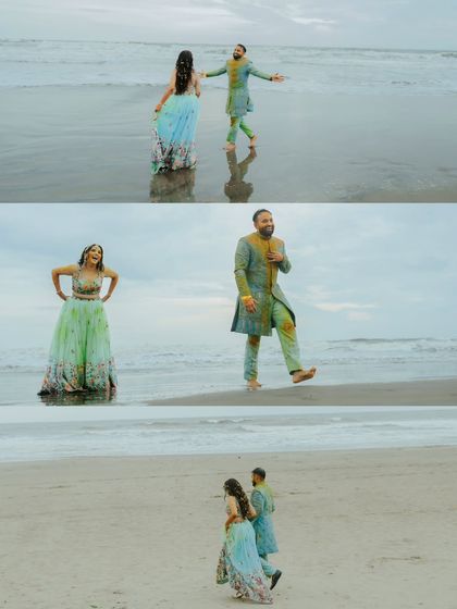 A collage of playful moments from a beach Haldi. It shows the couple running, dancing, and walking on the sand, capturing the fun and relaxed atmosphere of the event.