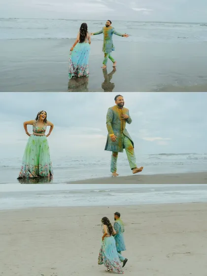 A collage from a unique beachside Haldi. The couple's playful interactions by the sea add a refreshing twist to the traditional ceremony.