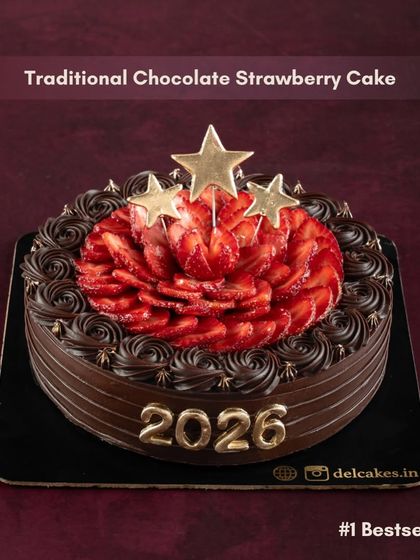 Our number one bestseller for New Year's, the Traditional Chocolate Strawberry Cake, decorated with the year and festive stars.