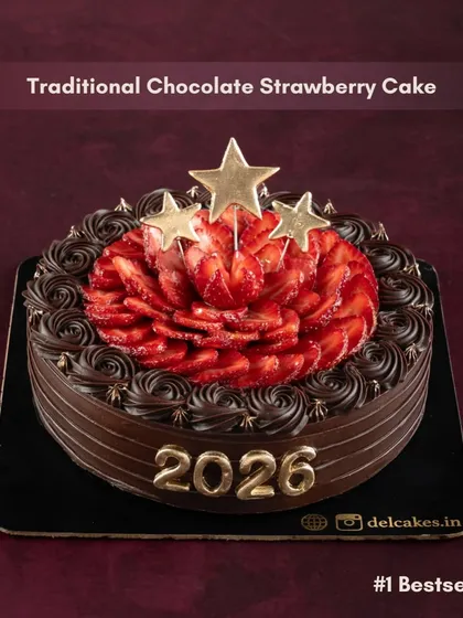 Our number one bestseller for New Year's, the Traditional Chocolate Strawberry Cake, decorated with the year and festive stars.