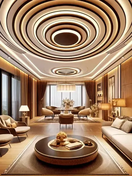 This spectacular ceiling is the definition of luxury. The design features a massive circular motif with concentric rings and profile lighting, creating a breathtaking centerpiece for this large, open-plan living and dining area.