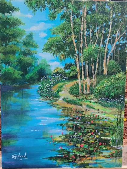 My finished acrylic painting of the serene lake at Lalbagh Botanical Garden. I love capturing the reflections in the water and the vibrant greens of the trees. This is the kind of landscape we can learn to paint together.