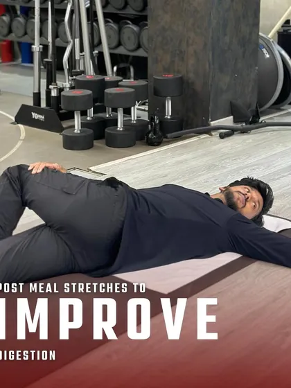 Gentle stretches after a meal can aid digestion. This image shows a supine spinal twist, which can help stimulate the abdominal organs and relieve bloating.