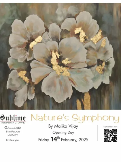 The invitation for 'Nature's Symphony' by Malika Vijay, featuring a beautiful painting of white flowers with gold leaf accents.