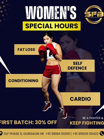 We provide a dedicated and comfortable space for women to achieve their fitness goals. This poster highlights our special hours for women, focusing on fat loss, conditioning, self defense, and cardio, with a special introductory offer.