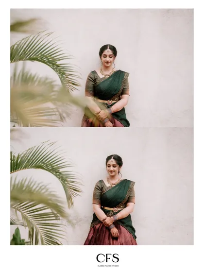 A serene portrait of the bride, Smruthi, framed by palm leaves. The natural elements add a soft and organic feel to this beautiful shot.