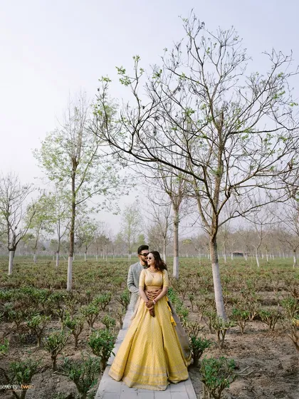 An embrace in the middle of a tea garden. The leading lines of the path draw you into the frame, where they stand together, surrounded by nature.