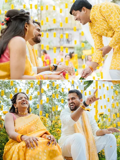 A two-part collage capturing the playful interactions between the couple and their guests during the Haldi.