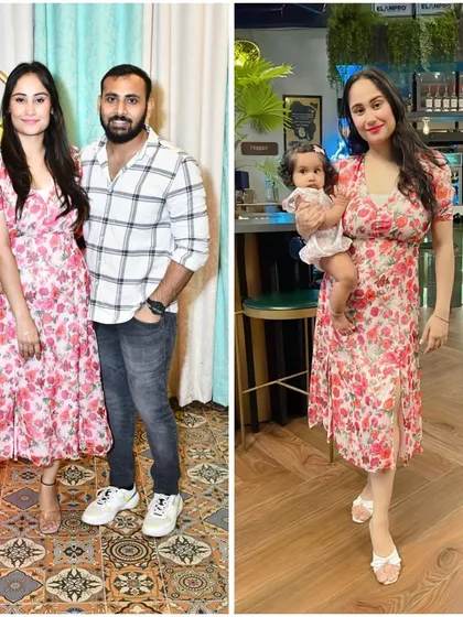 This is one of my favorite comparisons: wearing the same dress before pregnancy and after my daughter was ten months old. It's a visual reminder that getting back in shape is a journey of consistency, and it is absolutely possible.