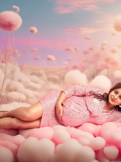 Drifting on a sea of pink clouds. This surreal and dreamy landscape creates a whimsical and imaginative setting for a modern maternity portrait.
