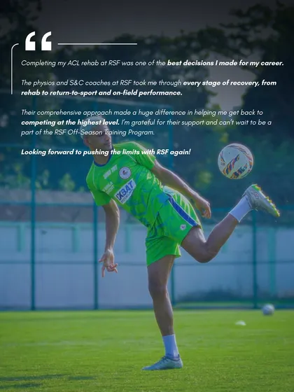 "Completing my ACL rehab at RSF was one of the best decisions I made for my career." This powerful testimonial from Ashique Kuruniyan, paired with an action shot, reinforces the trust elite athletes place in our structured recovery programs.