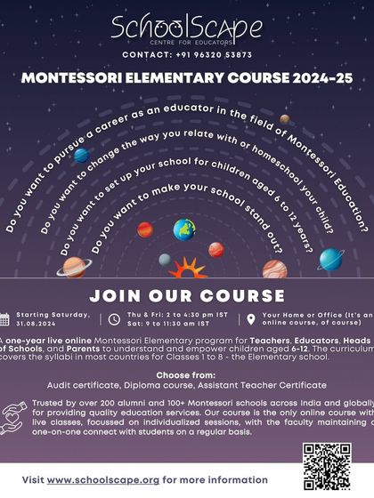 Join our one-year live online Montessori Elementary program to empower children aged 6-12, with flexible certification options for teachers, parents, and school heads.