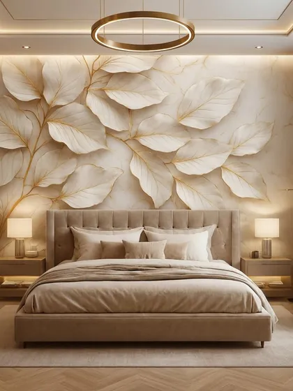 We designed this bedroom wall with a custom 3D wallpaper featuring embossed white leaves on a light, textured background. The subtle play of light and shadow on the raised design adds a sophisticated and calming touch.