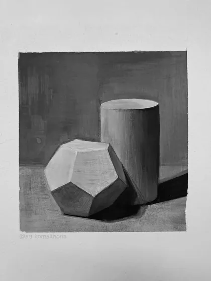 A practice piece using poster color to study tonal values on geometric objects, showing that the principles of light and form apply across different mediums.