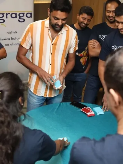A shot of me performing table magic for the employees at Agraga. This format allows for personal interaction with every guest.