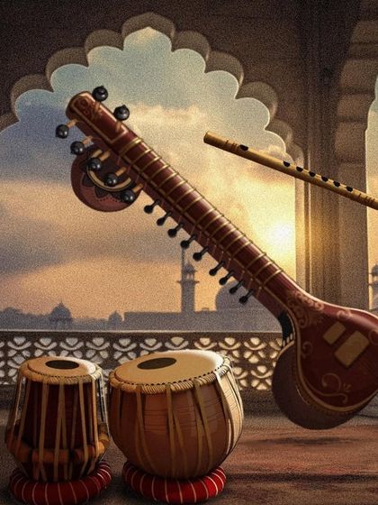 An illustration representing the three core instruments of the Spotify ECHO project: the sitar, tabla, and flute.
