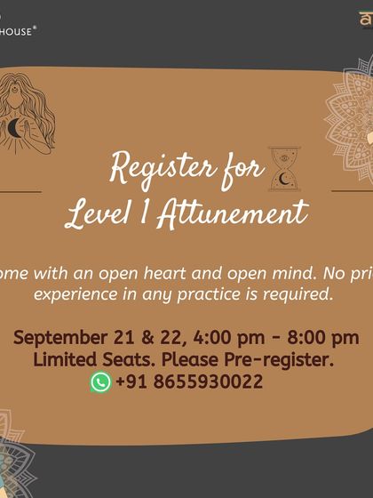An invitation to register for our Reiki Level 1 Attunement workshop. No prior experience is required, just an open heart and mind ready to awaken your innate healing ability.
