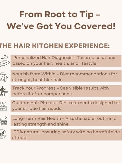 My experience covers you from root to tip. I offer personalized diagnosis, diet recommendations, progress tracking, and 100% natural, long-term hair health solutions.