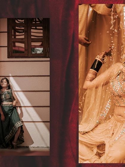 A collage contrasting a quiet portrait of the bride's sister with a high-energy shot of the bride being drenched during Haldi.