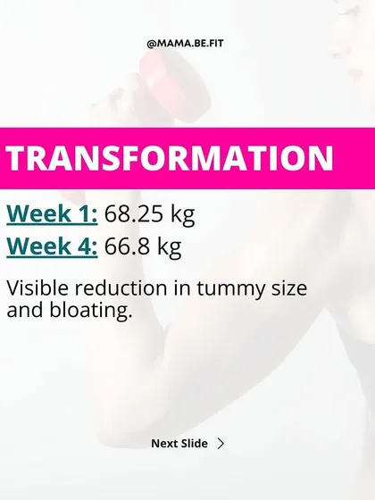 Here are the numbers behind the 4-week transformation: from 68.25 kg to 66.8 kg, with a visible reduction in tummy size. Small, consistent changes lead to big results.