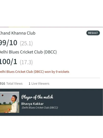The final scorecard of a dominant 9-wicket victory for our Delhi Blues Cricket Club. Bhavya Kakkar was named Player of the Match for his outstanding performance.