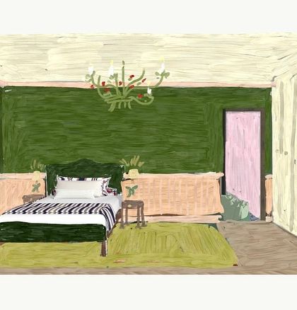 An initial concept sketch for the artist's bedroom. This shows the early exploration of color and form that led to the final design, a space shaped by imagination and personal expression.