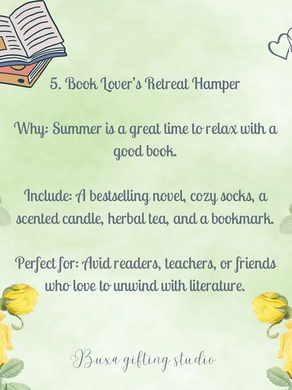 A "Book Lover's Retreat Hamper" idea for summer, including a bestselling novel, cozy socks, a scented candle, and herbal tea.