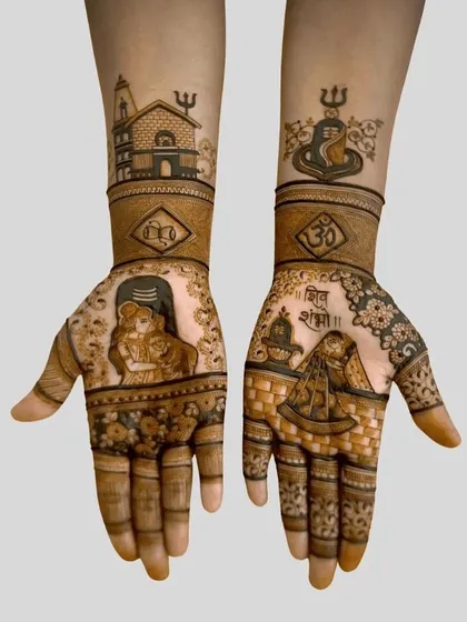 For the holy month of Sawan, I create special designs featuring Lord Shiva and Parvati. This piece shows a detailed portrait of Shiv-Parvati, a Shivling, and the sacred Om symbol, perfect for devotees.