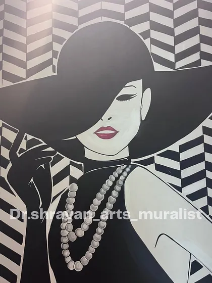 Embracing nostalgia with this retro, black-and-white portrait. The stylish woman with a hat against a geometric background brings a touch of timeless Hollywood glamour.
