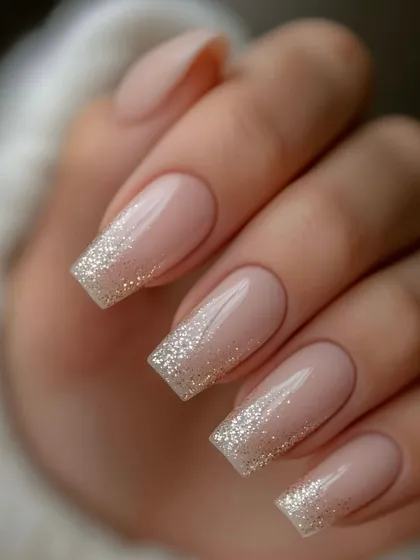 A clean, elegant look is always in style. I created this beautiful set using a nude gel base and a delicate silver glitter fade for a touch of sparkle.